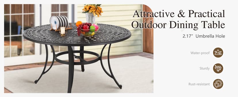 Sophia & William Outdoor Dining Table 6-Person Round Cast Aluminium, Patio Bistro Table with 2.2" Umbrella Hole for Porch Backyard, Bronze