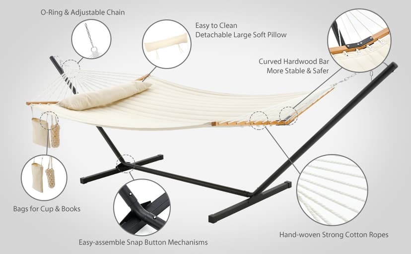 Two Person Hammock with Stand Heavy Duty, Outdoor Patio Hammock with Portable Steel Stand, Large Double Hammocks,480lbs Capacity.(Off White)