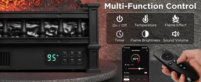 TURBRO Eternal Flame 26 in. WiFi Infrared Quartz Electric Fireplace Log Heater with Sound Crackling, Realistic Pinewood Logs, Adjustable Flame Colors, Remote Control, Thermostat, Timer, 1500W Black