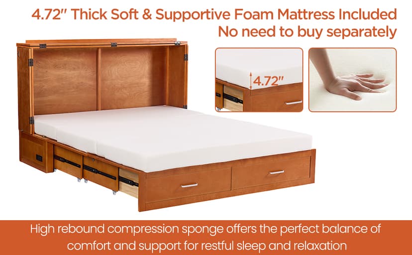 Murphy Bed Cabinet with Mattress, Queen Size Wall Beds with Large Storage Drawer and Charging Station, Hideaway Murphy Bed Chest for Home Office or Small Room (Gray)