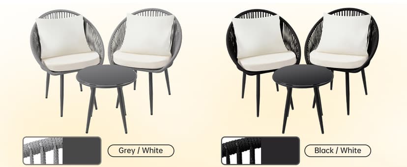 3 Pieces Bistro Set, Woven Rope Chair with Cushions, All Weather Patio Conversation Set and Side Table, Ideal for Deck, Balcony, Poolside, Black