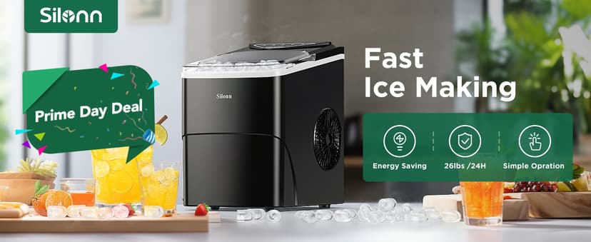 Silonn Ice Maker Countertop, 9 Cubes Ready in 6 Mins, 26lbs in 24Hrs, Self-Cleaning Ice Machine with Ice Scoop and Basket, 2 Sizes of Bullet Ice for Home Kitchen Office Bar Party