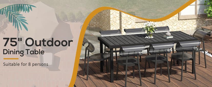 Outsunny 75" x 35" Outdoor Dining Table for 8 People, Rectangular Aluminum Frame Garden Table with All-Weather Faux Wood Top for Garden, Lawn, Patio, Black