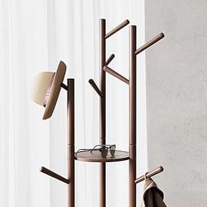 Rotatable Coat Rack, Floor Standing Household Shelf, Solid Wood Frame Standing Coat Rack, Living Room Entrance Bedroom Riser Hanging Rack, Walnut Color