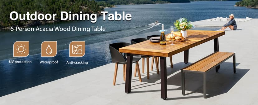 Devoko Home Acacia Wood Dining Table 6-Person Indoor Outdoor Table with Iron Legs, Sandblast Finish, Natural Stained, Rustic Metal, 69 * 33 * 30 inch (Natural)