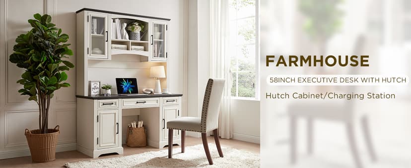 JXQTLINGMU 58" Executive Desk, Farmhouse Computer Desk with Drawers and Cabinet, Embossed Texture Home Office Desk w/Charging Station, Workspace for Work Study Writing, Off White