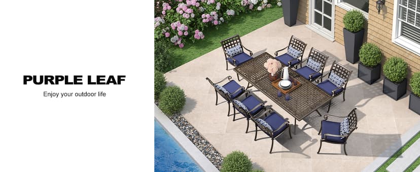 PURPLE LEAF 9 Pieces Patio Dining Sets Cast Aluminum Furniture with Rectangular Table for Lawn Garden Backyard Deck Outdoor Dining Sets with Cushions and Pillows, Lattice Navy Blue
