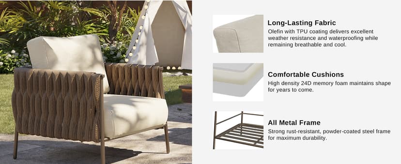 EAST OAK Life Chatter Patio Furniture Set 5 Pieces, Outdoor Furniture 5-Seat Sofa with Two Round Coffee Table, Waterproof Thick Cushion Deep Seating for Porch, Balcony, Chestnut Brown & Creamy Apricot