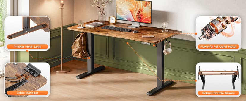 Huuger 55 x 28 Large Electric Standing Desk, Height Adjustable Computer Desk, 27.6" Deep Desktop, Stand up Gaming Office Desk with 2 Hooks, 3 Preset Heights, for Home Office, Rustic Brown