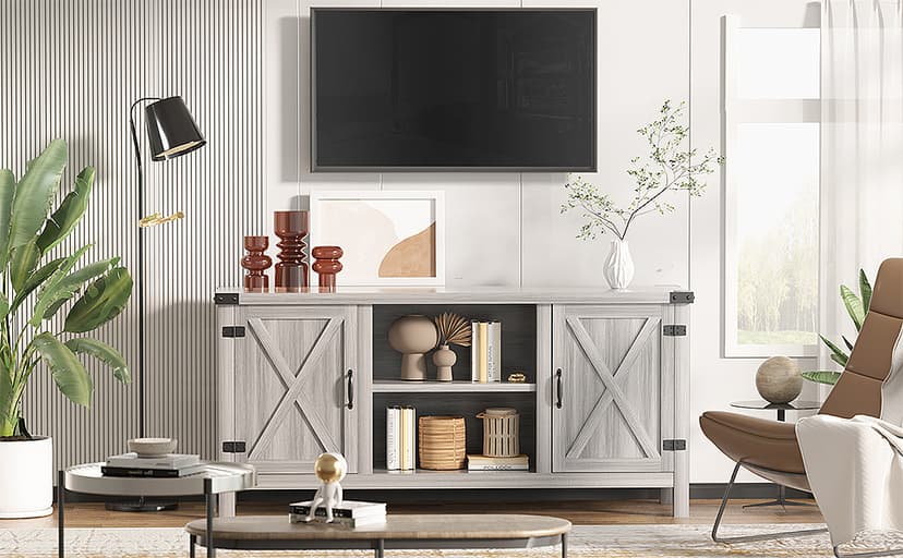 YESHOMY Modern Farmhouse TV Stand with Two Barn Doors and Storage Cabinets for Televisions up to 65+ Inch, Entertainment Center Console Table, Media Furniture for Living Room, 58 Inch, Gray Wash