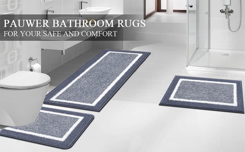 Pauwer Bathroom Rug Mat Set 3 Piece, Microfiber Shaggy Bath Set, Non-Slip Ultra Soft Carpet Mats, Absorbent with U-Shaped Toilet for Bathroom, Tub, Shower, Dark Grey