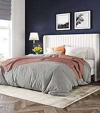 Allewie Queen Size Platform Bed Frame with Velvet Upholstered Wingback Headboard, No Box Spring Needed, Under Bed Storage Space, Strong Wooden Slats, Modern Mattress Foundation, Easy Assembly, White