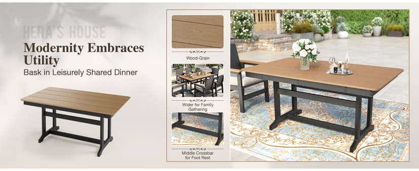 HERA'S HOUSE Patio Table and Chairs Set 7-Piece, HDPE Outdoor Dining Furniture Set with Cushions, All-Weather Wood Grain Table & Wicker Chairs for Backyard, Garden, Deck (Durable & Low Maintenance)