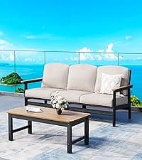HDPE Outdoor Patio Furniture 4-Piece Set, All Weather Modern Patio Conversation Sets with Wood-grain Extended Table, Outdoor Patio Couch Set, Black Frame with Beige 4.7" Thick Cushions