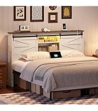 HOOBRO Farmhouse End Table with Charging Station, 23.6" Large End Tables for Living Room, Sofa Side Table with Barn Door, Wooden Square Nightstand Bedside Table, Flip Top, White and Walnut WH601UBZ01