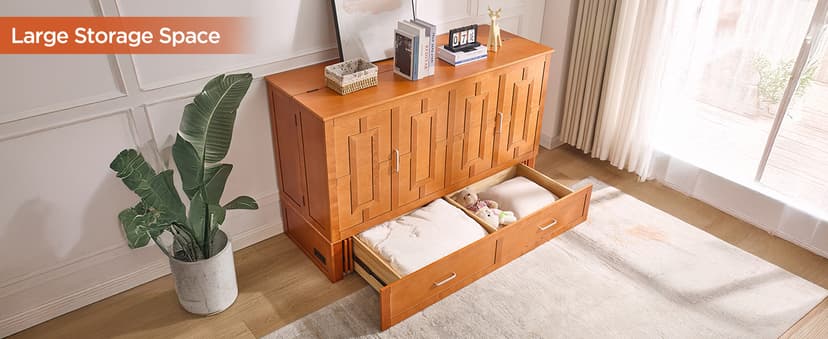 Queen Murphy Bed with Tri-Folding Mattress, Space-Saving Queen Size Wall Bed Built-in Charging Station, Foldable Murphy Bed Cabinet with 2 Storage Drawers for Bedroom, Guest Room, Cherry