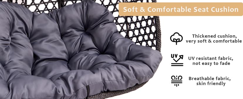 Double Hanging Swing Egg Chair with Stand, Hexagon Wicker Hammock Swing Chair for Outdoor Garden Patio, 2 Person Egg Chair with Foldable Loveseat Removable Cushions (Dark Grey)