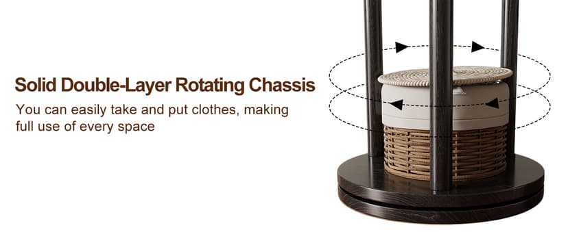 KungFuWood Coat Rack, Solid Wood Rotary Coat Rack Stand, Freestanding Coat Rack with 3 Shelves and 9 Hooks, Sturdy and Easy to Assemble Coat Tree for Entryway, Bedroom, Coats, Bags (Black)