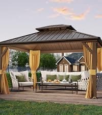 YOLENY 10'x13' Hardtop Gazebo, Outdoor Polycarbonate Double Roof Canopy, Aluminum Frame Permanent Pavilion with Curtains and Netting, Sunshade for Garden, Lawns, Patio