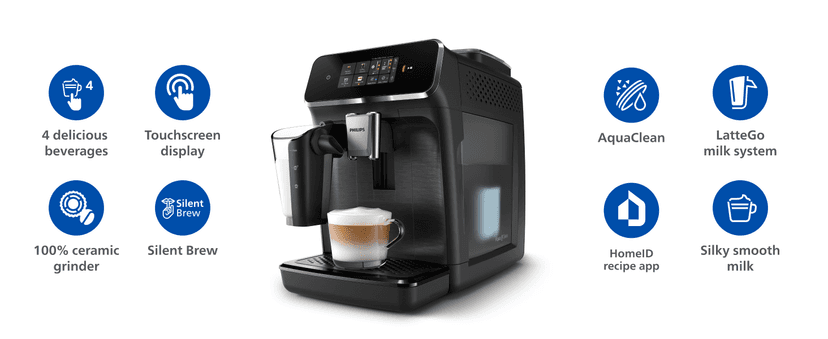 PHILIPS Series 2300 Fully Automatic Espresso Machine - 4 Hot Drinks, Fast Clean, 40% Quieter SilentBrew, Aquaclean Filter, Matte Black (EP2330/10)
