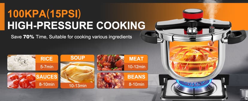 Pressure Cooker 10 QT, Stainess Steel Pressure Canner 10 Quart, Explosion-Proof Cookware, Rotating Lock/Unlock Lid, One-handed lid opening, Thickened Silicone Ring And Anti-scald Handle, Silver