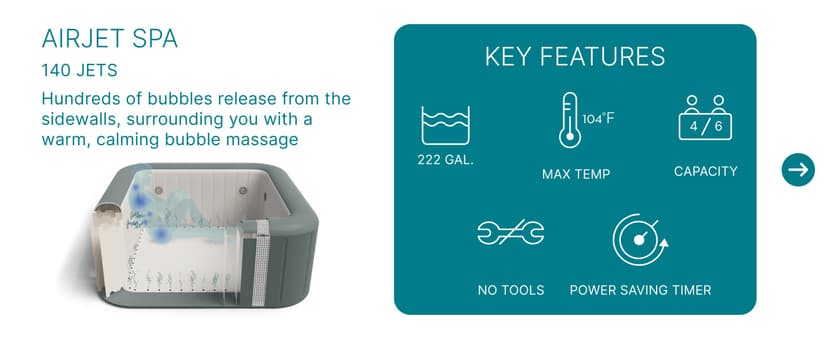 Bestway SaluSpa Hawaii AirJet 4 to 6 Person Inflatable Hot Tub Square Portable Outdoor Spa with 140 AirJets and EnergySense Energy Saving Cover, Blue