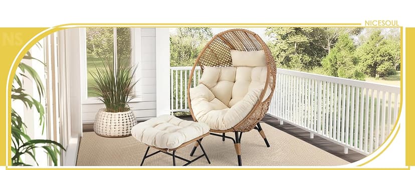 NICESOUL Wicker Egg Chair with Ottoman, Indoor Outdoor Egg Basket Lounge Chair w/Cushion, Oversized Egg Seat with Legs 440 Lbs, Comfy Cozy Boho Style Nest Chair w/Footrest for Patio, Balcony, Beige