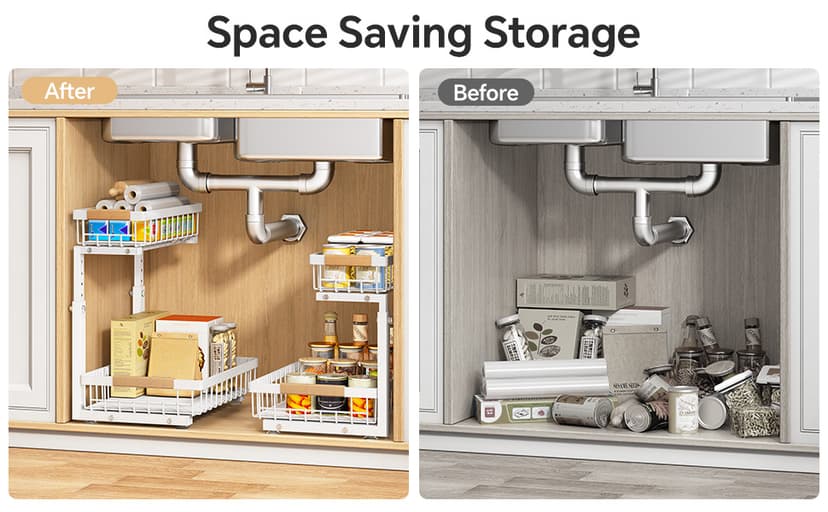 PXRACK 2 Pack Under Sink Organizer,Adjustable Height,2 Tier Pull Out Under Cabinet Organizer,Slide Out Thickened Metal Under Sink Storage for Kitchen Bathroom Laundry Cabinet Pantry,White