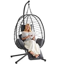 Hanging Egg Chair with Adjustable Footrest & Stand, Wicker Rattan Swing Hammock Chair with Cushion & Double Chains, 350LBS Capacity for Outdoor & Indoor Patio, Deck, Bedroom, Balcony (YE-BE)