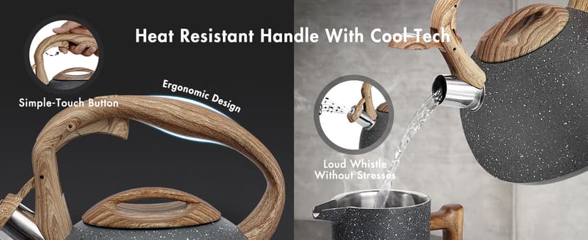 POLIVIAR Tea Kettle, 2.7 Quart Natural Stone Finish with Wood Pattern Handle Loud Whistle Food Grade Stainless Steel Teapot, Anti-Hot Handle and Anti-Rust, Suitable for All Heat Sources (JX2018-GR20)