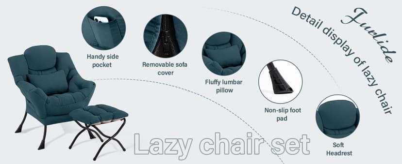 Lazy Chair with Ottoman, Modern Lounge Armchair with Lumbar Pillow, Accent Cozy Reading Chair and Folding Footstool for Bedroom, Dorm, Living Room,Khaki