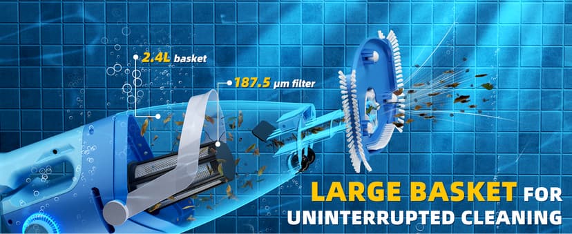 Cordless Pool Vacuum with Telescopic Pole, 26.5 gallons/min Powerful Suction, Handheld Rechargeable Swimming Pool Cleaner with 1H Running Time, Pool Vacuum for Above/In Ground Pools, Spas, Hot Tubs