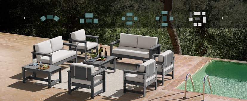 SERWALL 5 Pieces HDPE Outdoor Sofa Set with Cushions, All Weather Use Patio Conversation Couch Loveseat Furniture with Coffee Table for Balcony, Deck, Poolside, Grey Frame with Khaki Cushions
