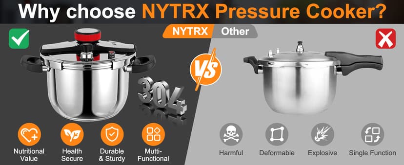 Pressure Cooker 10 QT, Stainess Steel Pressure Canner 10 Quart, Explosion-Proof Cookware, Rotating Lock/Unlock Lid, One-handed lid opening, Thickened Silicone Ring And Anti-scald Handle, Silver