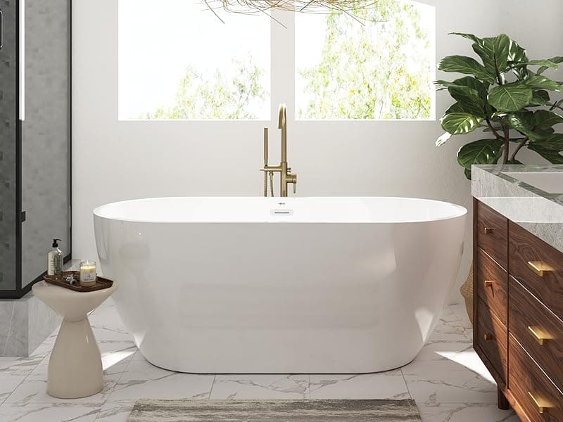 FerdY Bali 59" Acrylic Freestanding Bathtub, Gracefully Shaped Freestanding Soaking Bathtub, Toe-Tap Chrome Drain and Classic Slotted Overflow Included, Glossy White, cUPC Certified