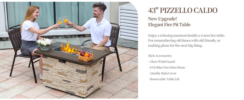 43" Propane Fire Pit Table Outdoor Stone Firepit Table Rectangular 50000 BTU Propane Fire Tables for Outside Patio with Wind Guard, Table Lid, Fire Beads, Cover,Pizzello Caldo (Buff)