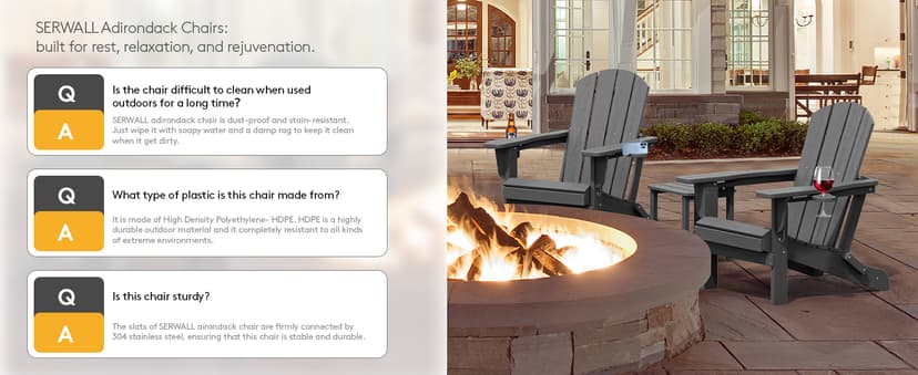 SERWALL Foldable Adirondack Chair, HDPE Adirondack Chair with Wood-Texture-Gray