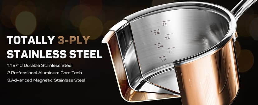 Whole Tri-ply 18/10 Stainless Steel Pot and Pan Set (10 Piece), Copper Pots and Pans Set with Stainless Steel Lid, Induction Cookware Set, Include Stock Pot, Saucepan, Frying Pan - Copper