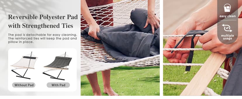 SUNCREAT Double Outdoor Hammock with Stand, Two Person Cotton Rope Hammock with Polyester Pad, Dark Gray