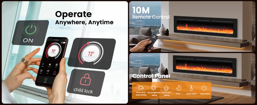 Silonn 50″Smart Electric Fireplace Heater with App & Remote Control, 5300 BTU Heat Output, Ultra-Slim Wall-Mounted or Recessed Electric Fireplace Inserts with Timer, 20 Flame Colors,WiFi Enabled