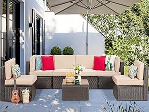 Vongrasig 5 Piece Patio Furniture Sets, All-Weather Brown PE Wicker Outdoor Couch Sectional Set, Small Conversation Set for Garden/Patio w/Ottoman, Glass Table, Red Pillow, Beige