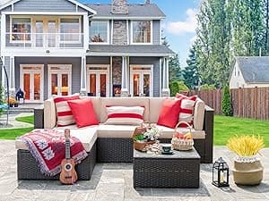 Vongrasig 5 Piece Patio Furniture Sets, All-Weather Brown PE Wicker Outdoor Couch Sectional Set, Small Conversation Set for Garden/Patio w/Ottoman, Glass Table, Red Pillow, Beige