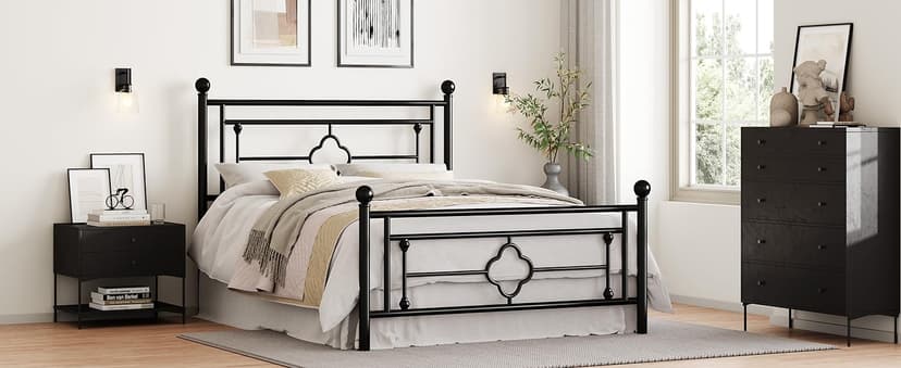 SHA CERLIN 14'' Queen Size Metal Platform Bed Frame/Victorian Headboard and Footboard/Steel Slats Mattress Foundation for Storage/No Box Spring Needed/Noise Free/Black