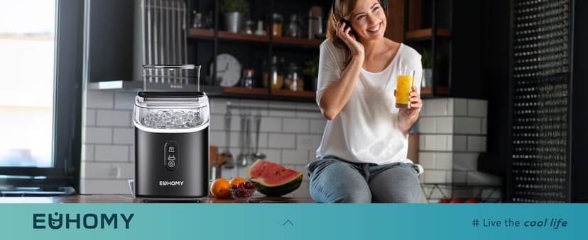 EUHOMY Ice Cube Maker Machine Countertop with External Water Tank, 34Lbs, 16Pcs Ready in 13 Mins, 2 Ways to Add Water, Auto-Cleaning, with Ice Scoop & Basket, for Home/Kitchen/Office/Bar (Black)