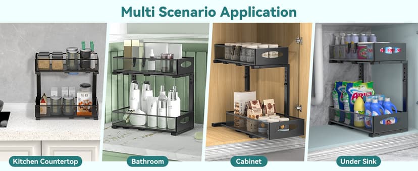 2 Pack Under Sink Organizer, 2 Tier Metal Pull Out Under Sink Storage with Sliding Mesh Drawers, Height Adjustable Slide Out Under Sink Organizer for Kitchen Bathroom Cabinet, Black