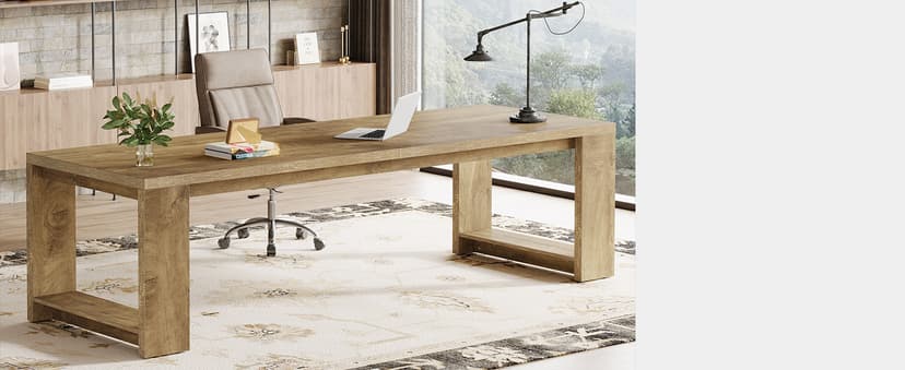 Tribesigns Two Person Desk, 86.6 Inches Extra Long Desk, Double Computer Writing Table, Wood Large Desks Workstation for Home Office, Natural Oak