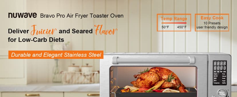 Nuwave Bravo Pro Smart 21QT Toaster Oven Air Fryer Combo, Convection Oven Countertop, 10 functions all in 1, with even & quick crisp technology, 50-450°F, 1800W, Stainless Steel