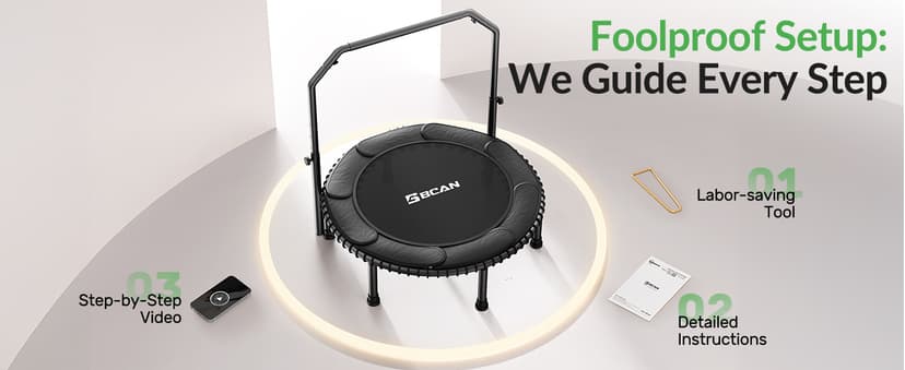 BCAN 40"/48" Mini Rebounder Trampoline for Adults with Bar, 450/550LBS Fitness Trampoline with Bungees, Adjustable Handle, Stable & Quiet, Indoor Outdoor, Whole-Body Workout & Relaxation at Home