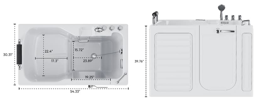 Empava Walk-In Tub, Japanese Soaking Bath, Right Outward Door, Low Threshold, Slip-Resistant, Built-in Seat, Fast Drain, Handrails, Easy Access for Seniors & Mobility-Impaired,54"