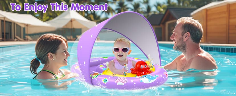 EZIGO Baby Pool Float with Canopy UPF 50+ Sun Protection, Double Air Chambers Infants Swimming Floats with Sound Toys Adjustable Safety Seat Toddler Float for Boys and Girls 6-36 Months